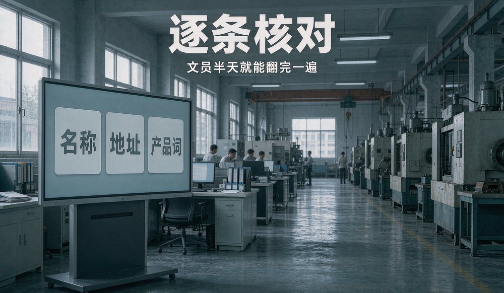 名称、地址、产品词逐条核对,文员半天就能翻完
