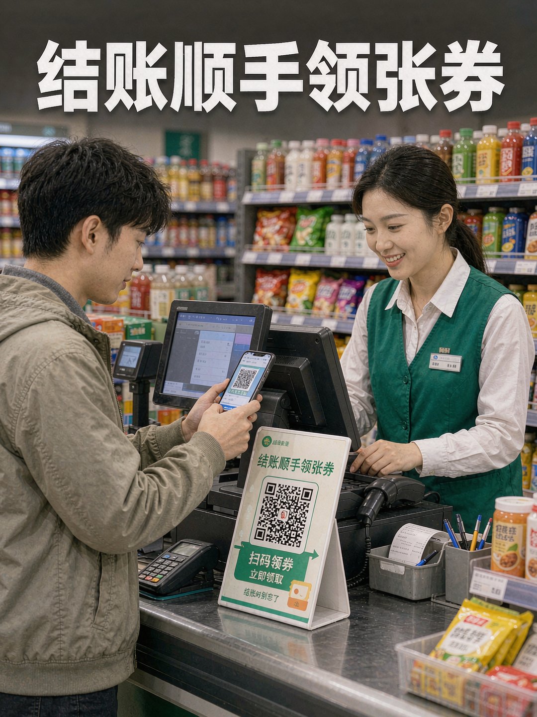超市收银台立着领券台卡