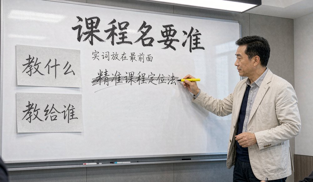 白板上正在改课程名，把营销词换成「教什么、教给谁」这类实词