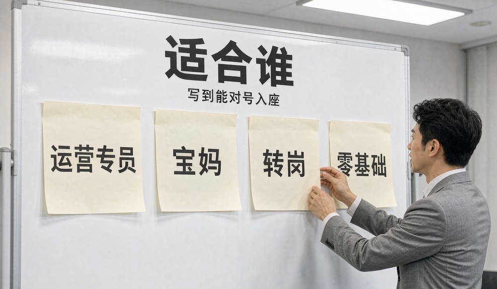 白板上贴满具体人群便签，让「适合人群」能对号入座