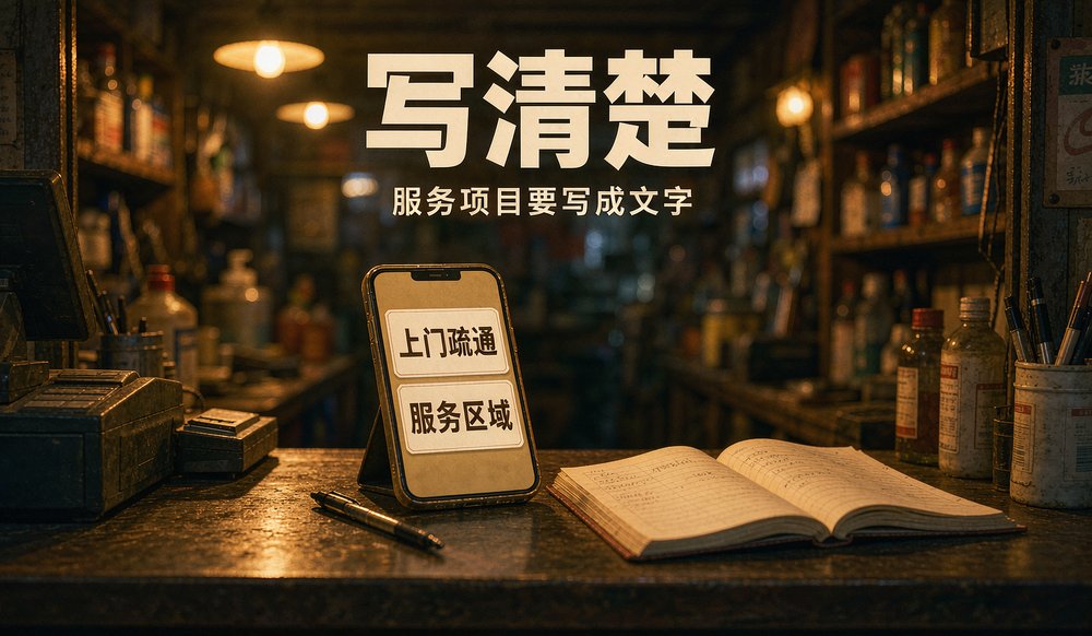 收银台手机上的服务清单，上门疏通与服务区域都写成文字