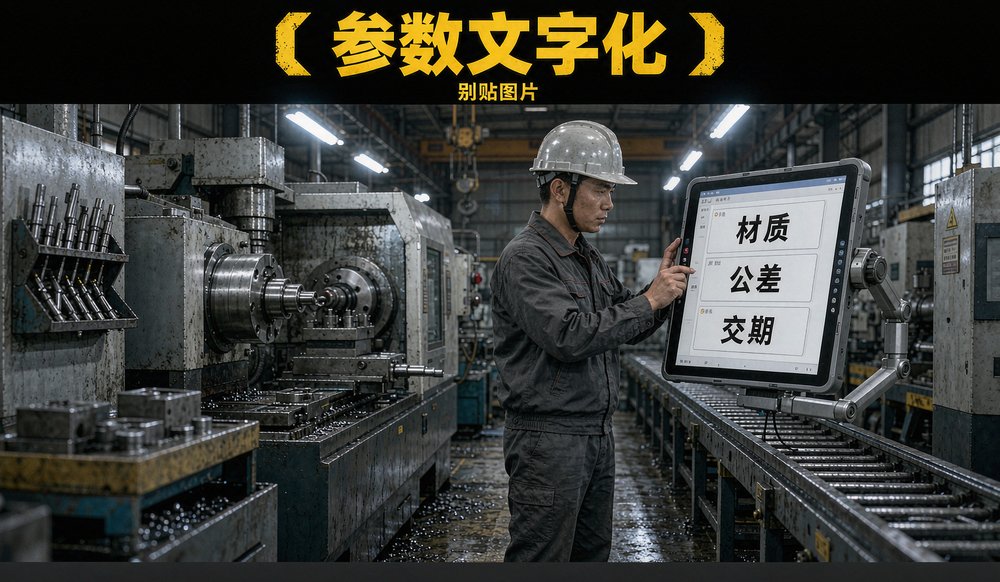 平板上的参数卡片，材质、公差、交期都用文字写清