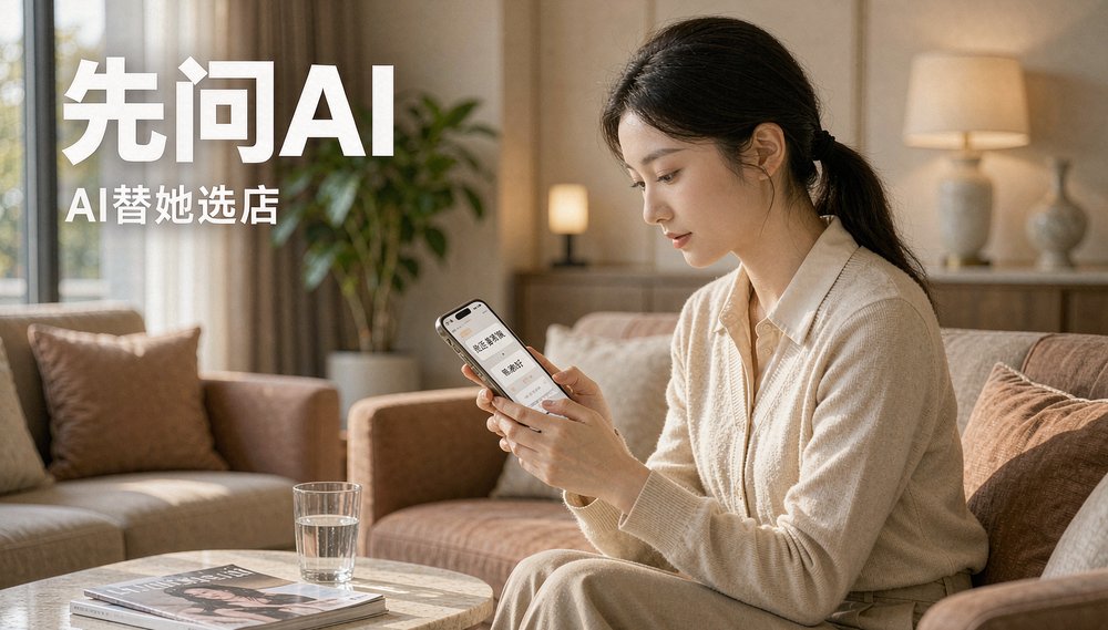 顾客用手机问AI附近哪家美容院好