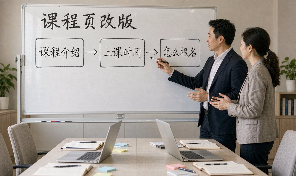 课程页改版草图:课程介绍、上课时间、怎么报名