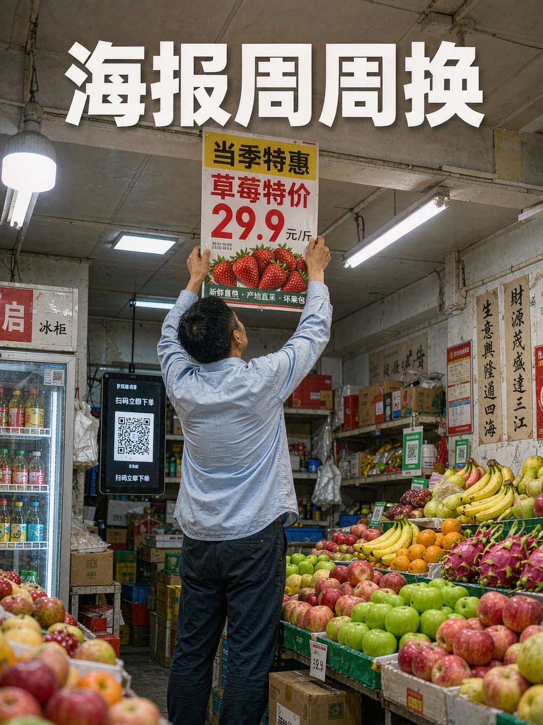 店员在货架端头更换小程序活动的提示海报