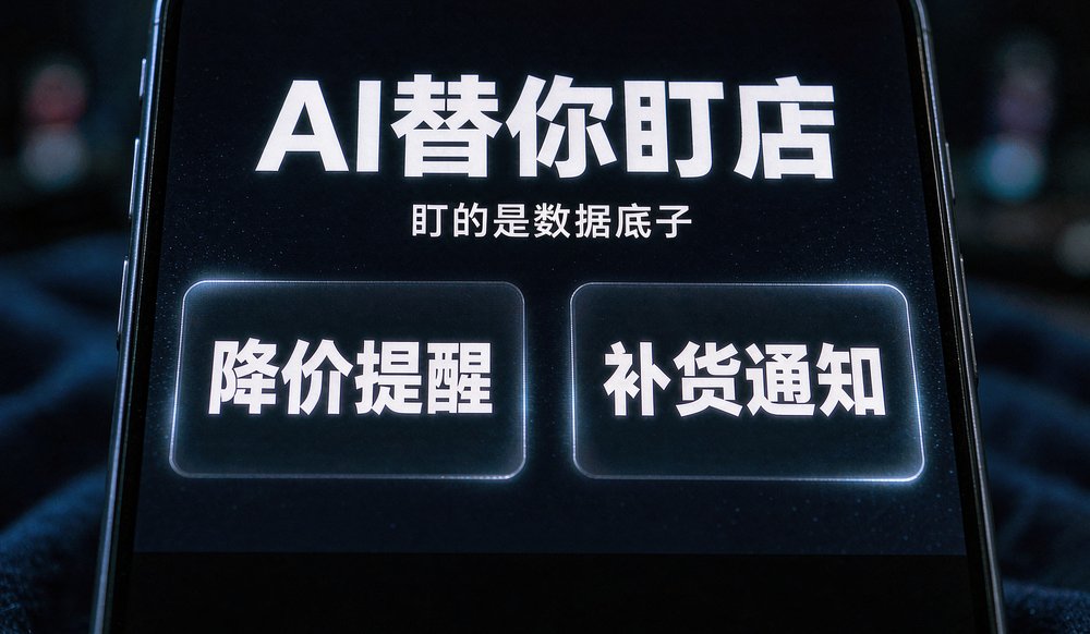手机屏幕上的AI监控卡片：降价提醒、补货通知
