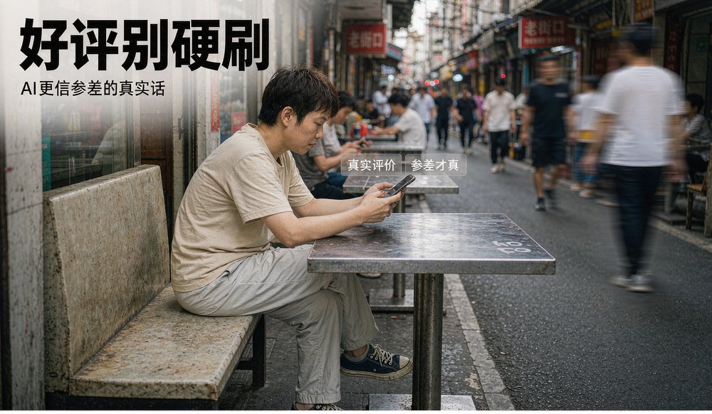 门口翻手机查评价的顾客:好评别硬刷,真实才有说服力