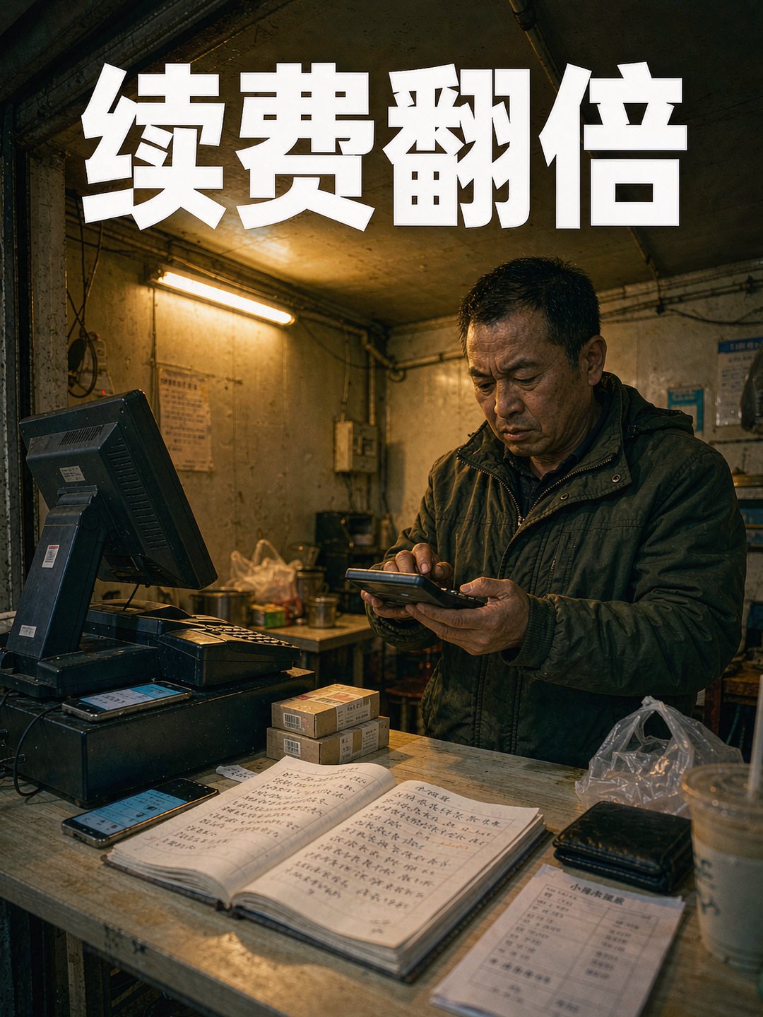 餐馆老板打烊后在柜台用计算器核算小程序续费账单