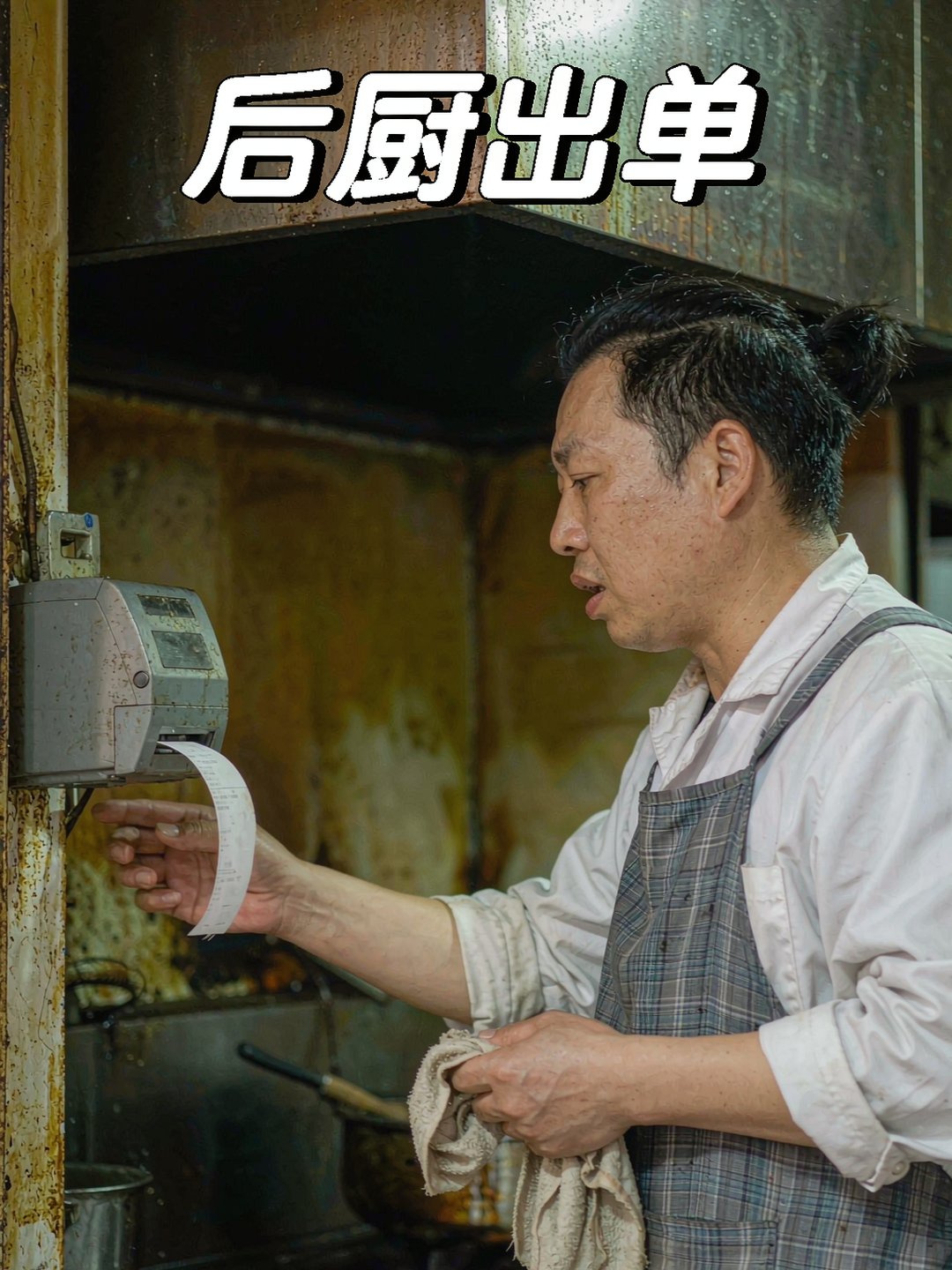 餐馆后厨小票打印机正在吐出点单小票