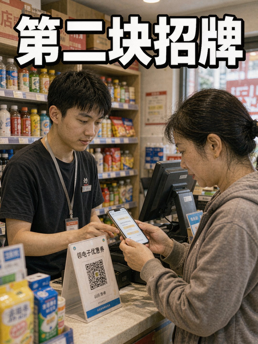 社区小店店员在收银台指导顾客扫码领电子优惠券