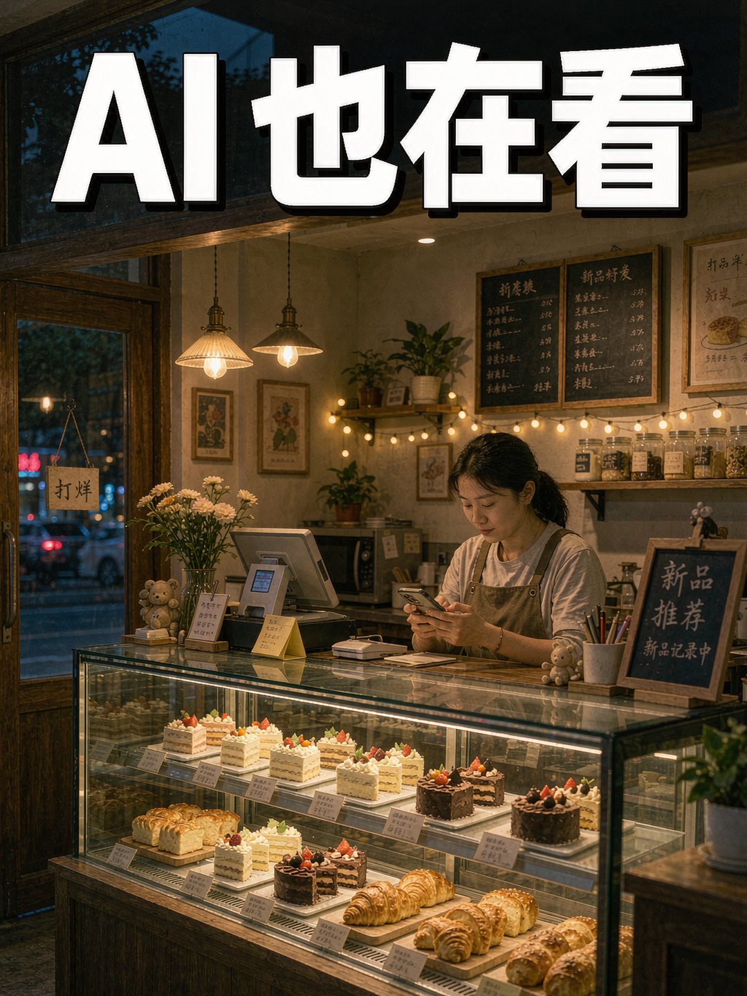 傍晚甜品店老板娘坐在柜台后用手机记录当天上新