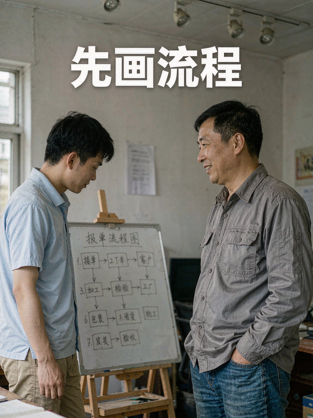 工厂办公室里厂长和文员在白板前画报单流程图