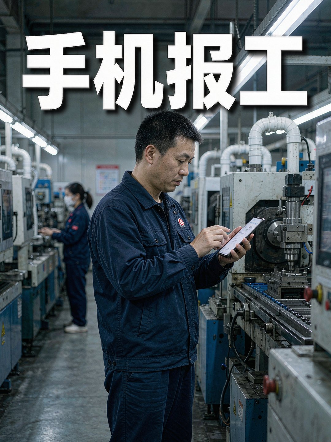 车间组长站在生产线旁用手机点按报工小程序