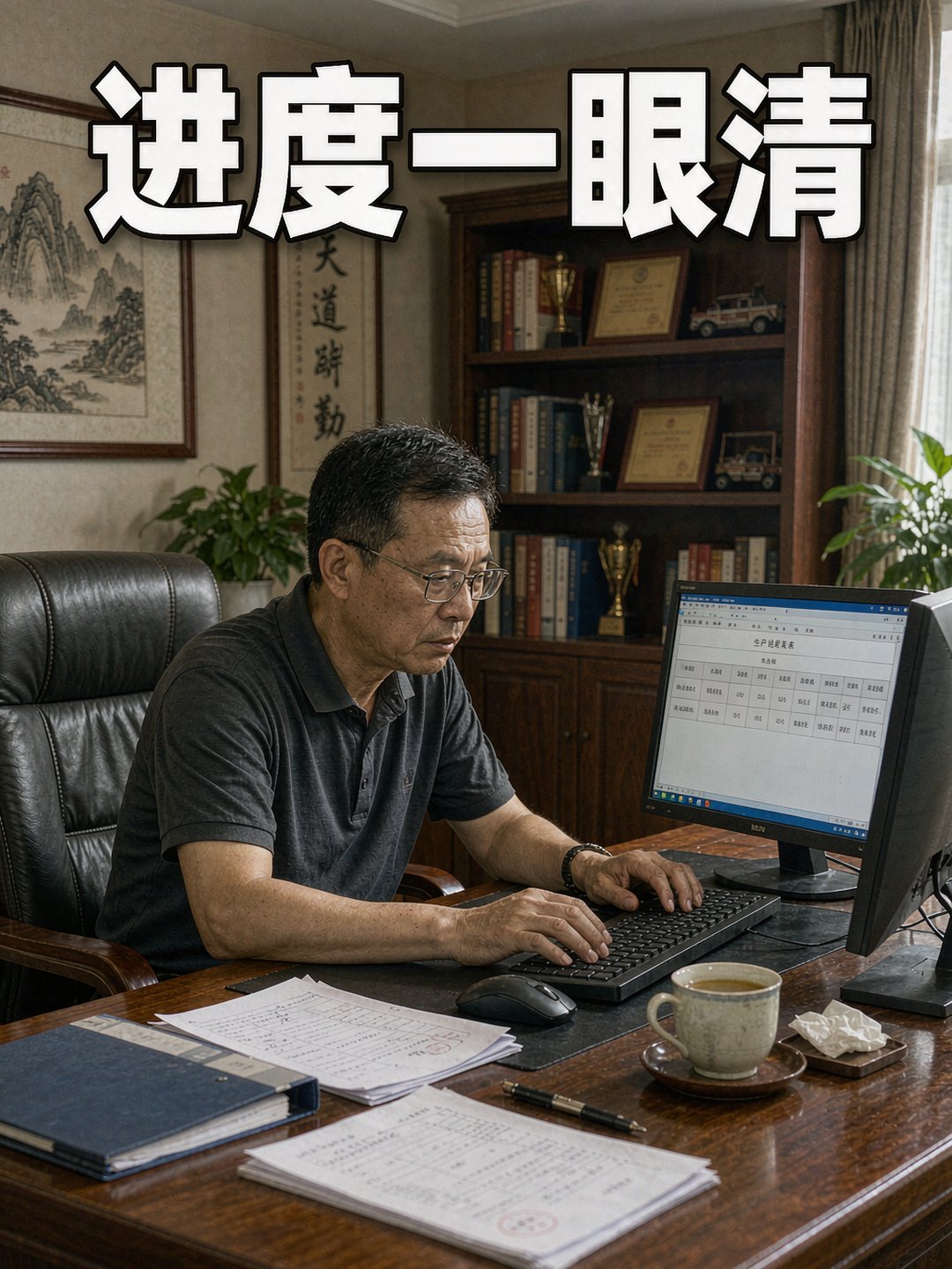 工厂老板在办公室电脑前查看生产进度报表