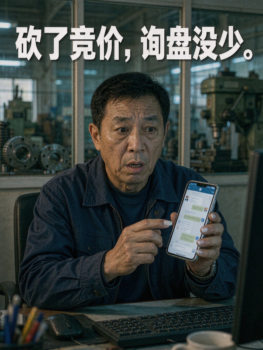 老板在工厂办公室看手机上AI的回答