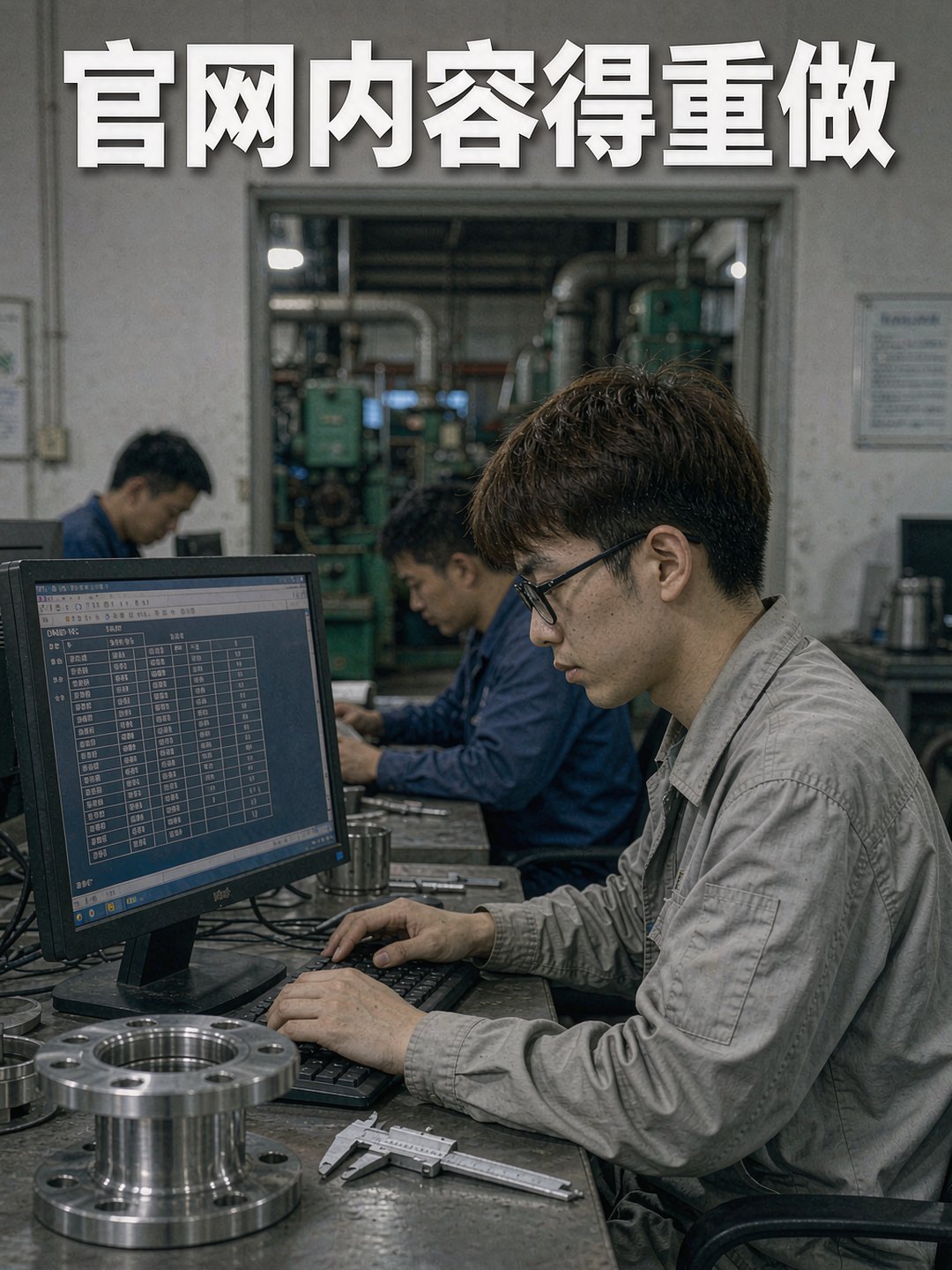 技术员在电脑前整理工厂产品参数页