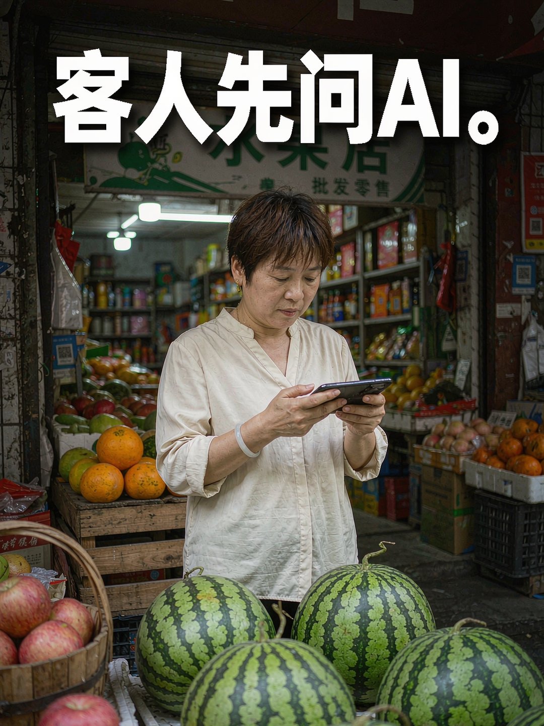 女顾客站在水果店门口用手机问AI