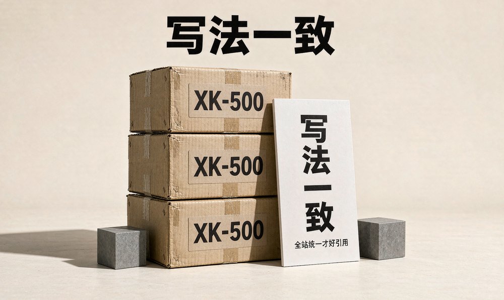 贴着型号标签的纸箱与「写法一致」标牌,型号在各页面写法统一