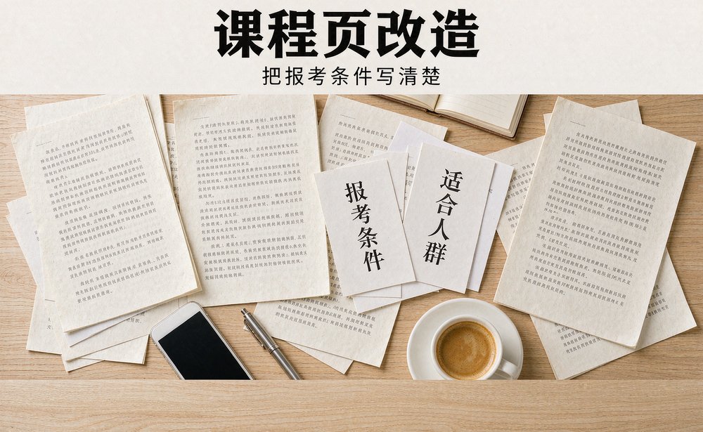 课程讲义与报考条件卡片平铺,课程页改成问答写法更利于AI引用