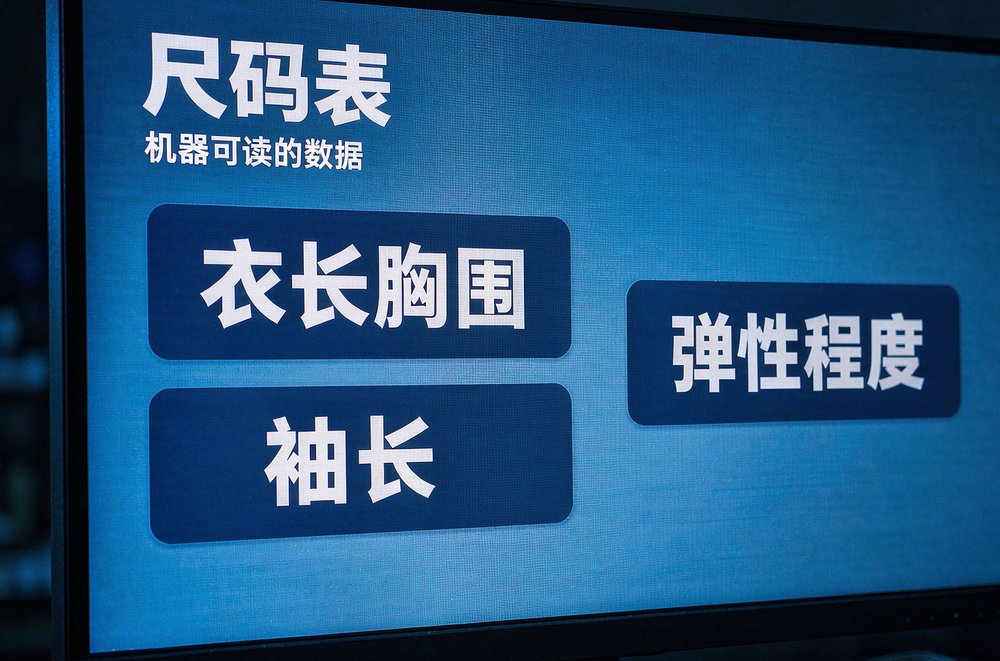 显示器上的尺码表关键词卡片,尺码信息要写成机器可读的完整数据