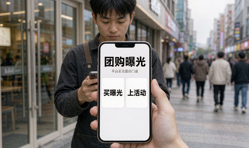 店员在店门口看手机里的团购后台，团购流量靠平台投放买来