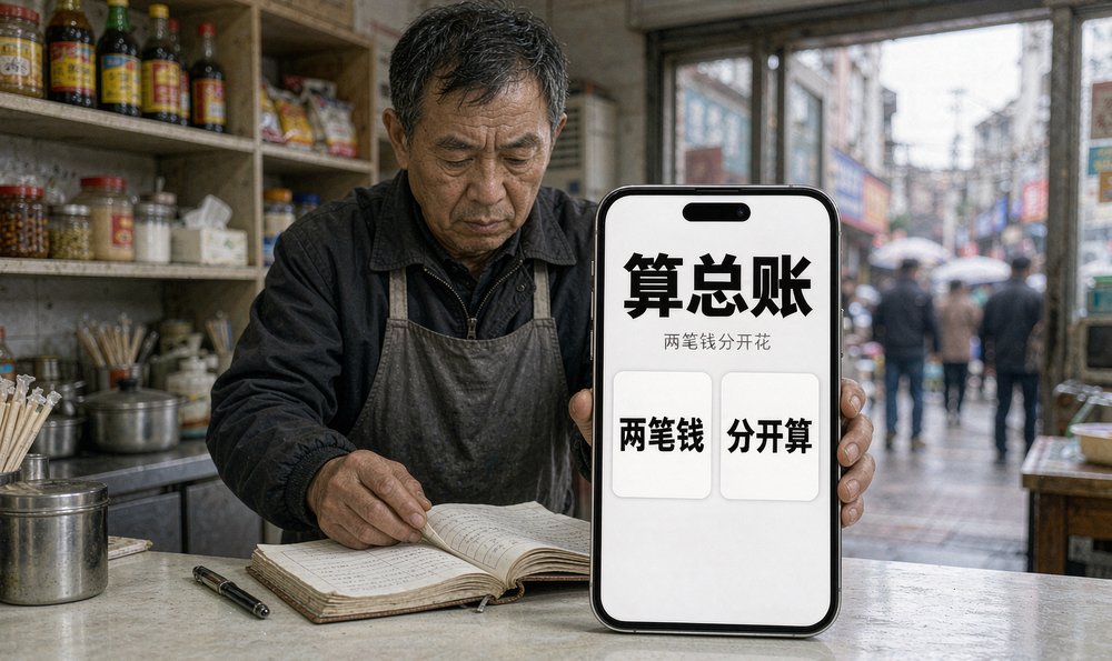 店主在柜台翻账本算账，团购投放和AI内容两笔钱分开规划
