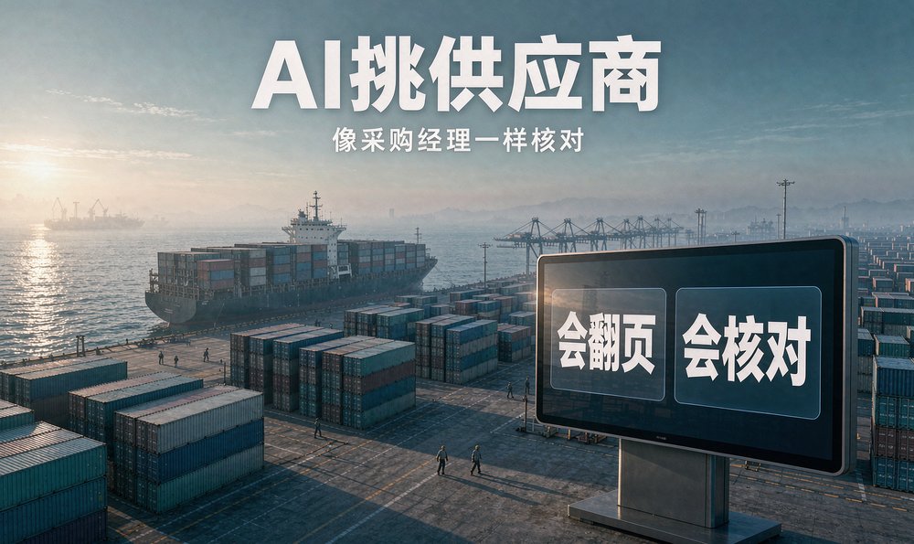 清晨的集装箱码头，AI 正在像采购经理一样核对外贸供应商的英文站信息