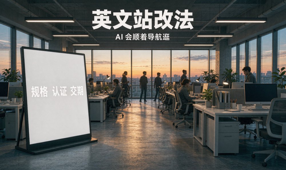 外贸公司的开放办公区，落地屏上列着 AI 翻站最关心的规格、认证和交期