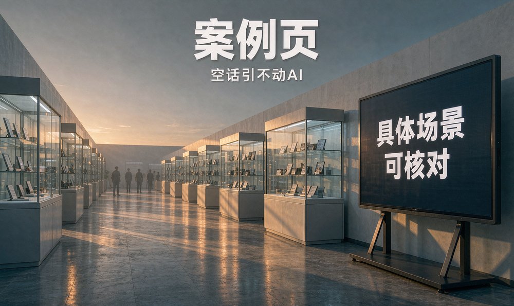 傍晚的展厅样品陈列，案例页要写成 AI 拿得走的可核对信息