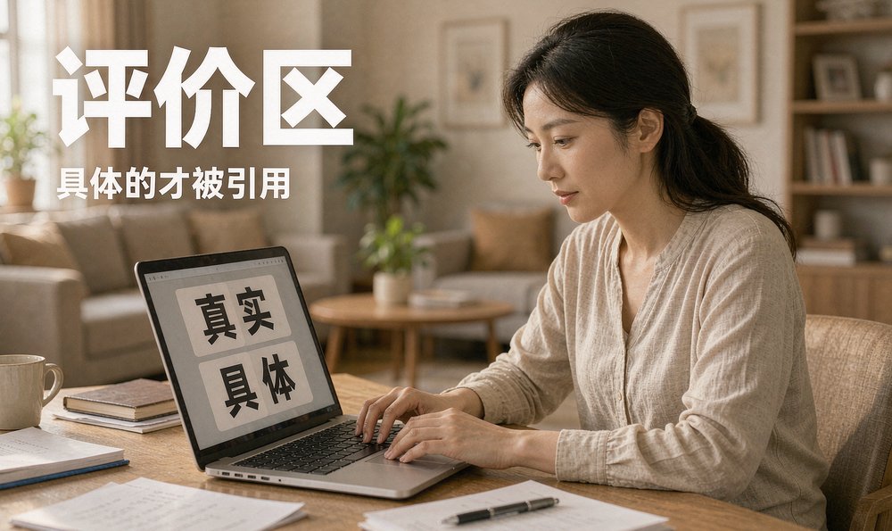 店主在笔记本前整理带具体使用场景的真实评价,置顶出来给 AI 看