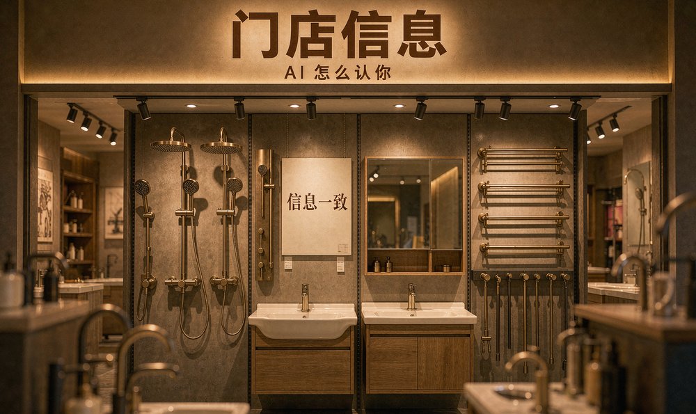 卫浴门店展架上挂着信息一致的牌子,各平台的店名地址电话要写成一样