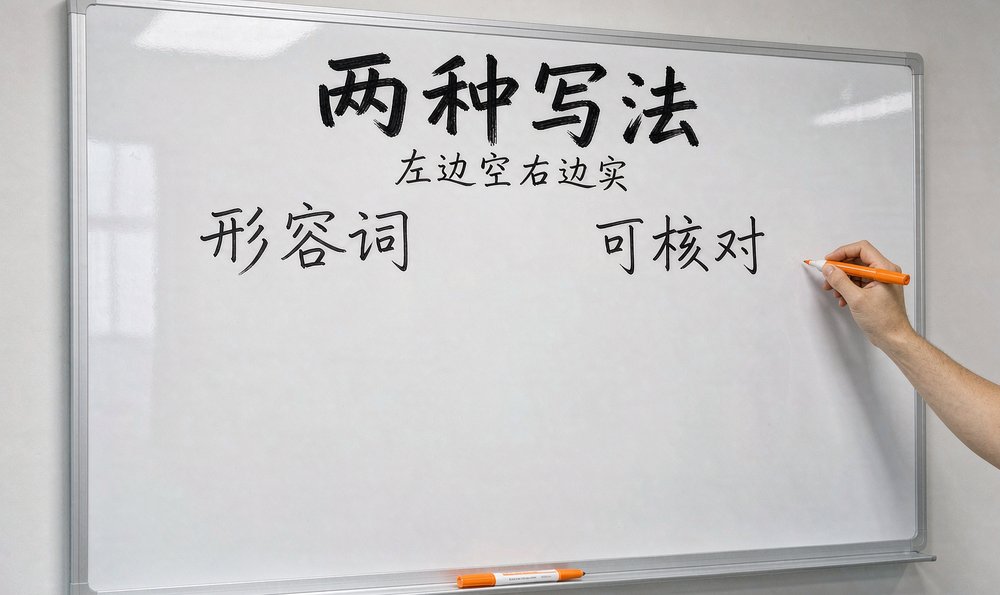 白板上的两种写法对比，左边全是形容词，右边是可核对的事实