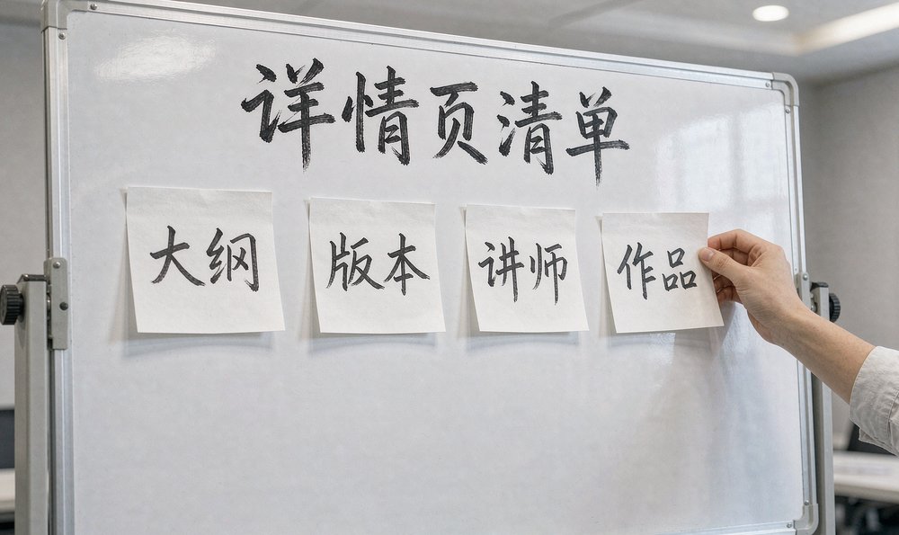 白板上贴着大纲、版本、讲师、作品四张便签，详情页的硬信息清单