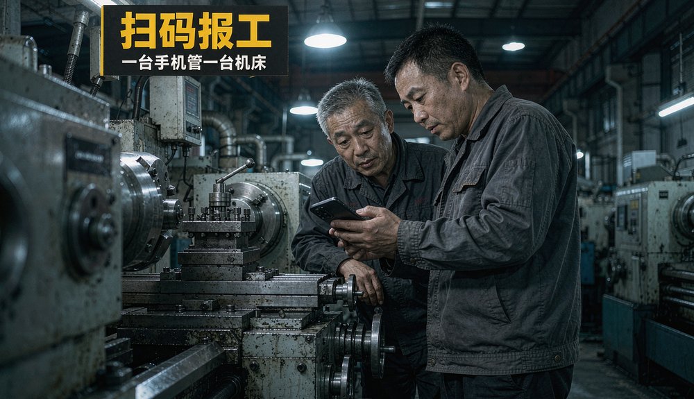 制造工厂车间扫码报工实拍:一台手机管一台机床