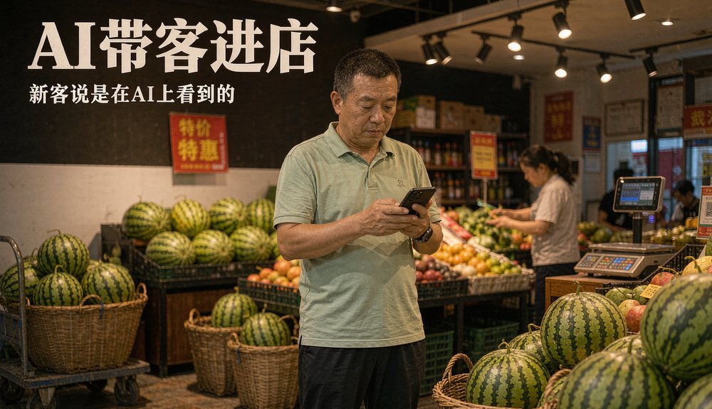 水果连锁店店长看手机接新客:零售店GEO优化带来的AI流量