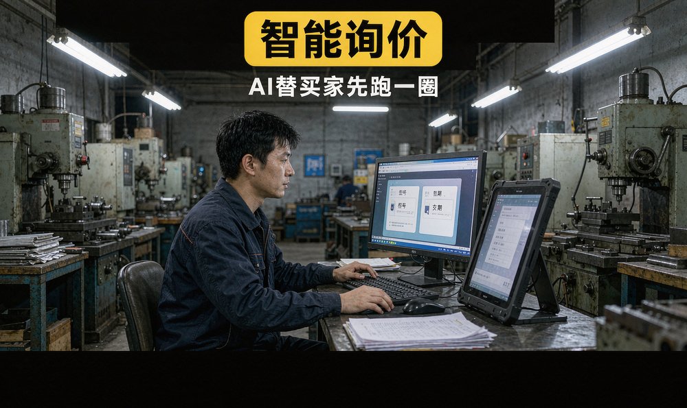 车间办公室里采购顾问盯着屏幕上的智能询价结果，型号交期一眼可见