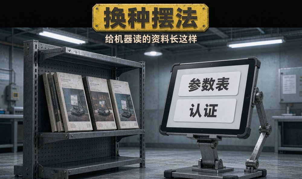 资料架上纸质画册与平板里的参数表认证页并排，摆法决定AI读不读