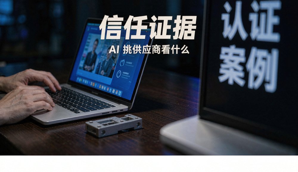 深夜办公桌上笔记本亮着供应商资料,认证案例是AI挑供应商的信任证据