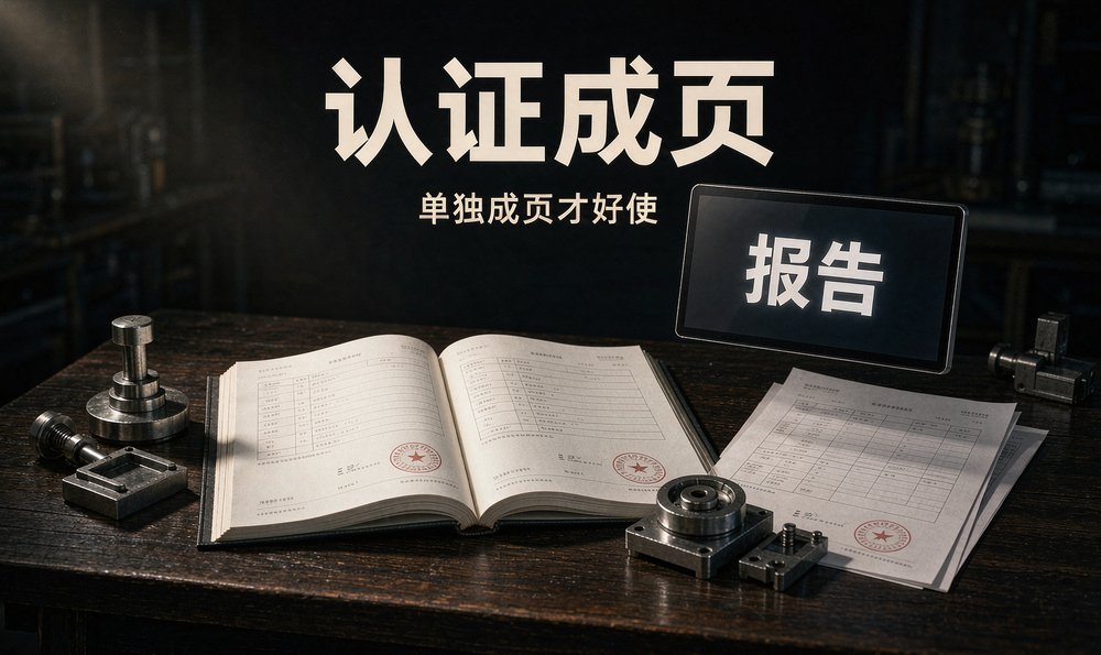 深色桌面上摊开的认证证书与检测报告,单独成页才好被AI引用