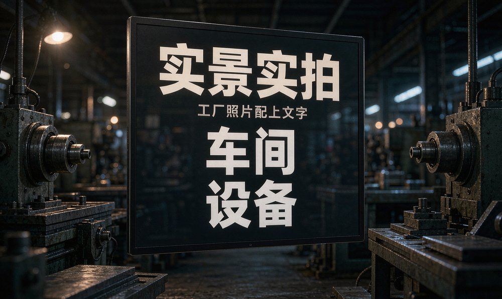 深色背景前的车间金属设备特写,工厂实景实拍配上文字说明