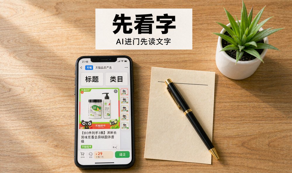 木桌上手机显示商品标题类目卡片，AI进门先读文字再看图