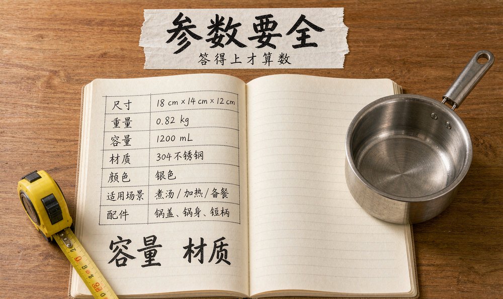 笔记本上手写汤锅容量材质参数，规格参数写全AI才答得上
