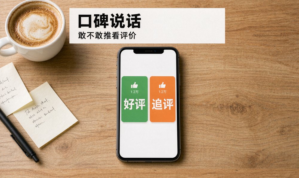 手机屏幕上好评追评卡片，口碑评价决定AI敢不敢推荐