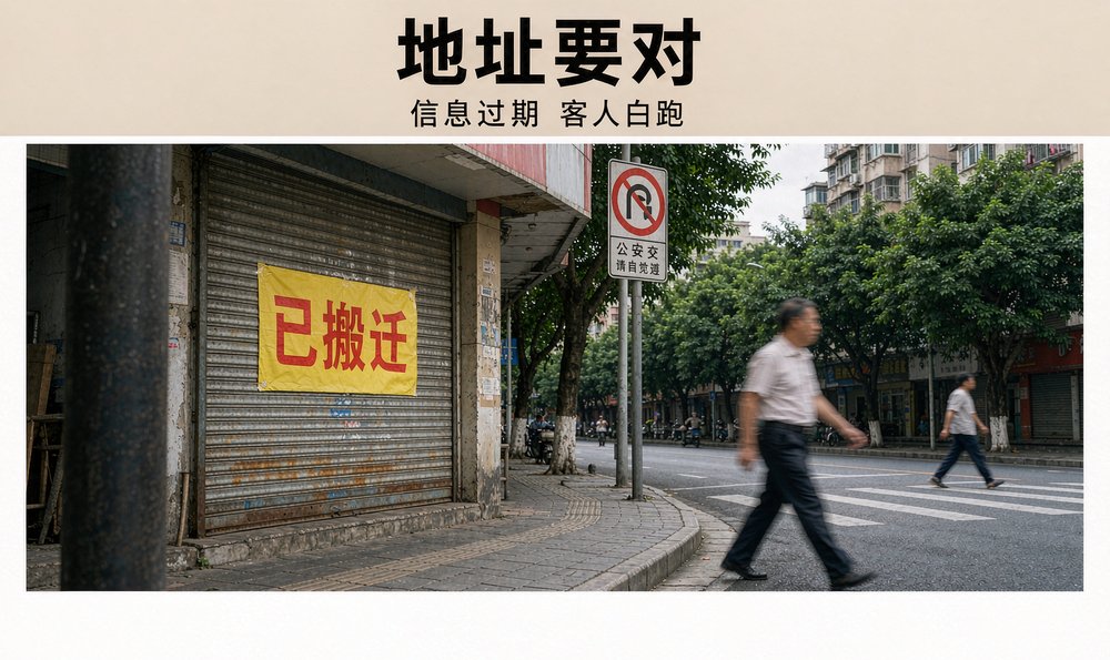 街边小店卷帘门上贴着已搬迁告示,网上地址过期客人白跑
