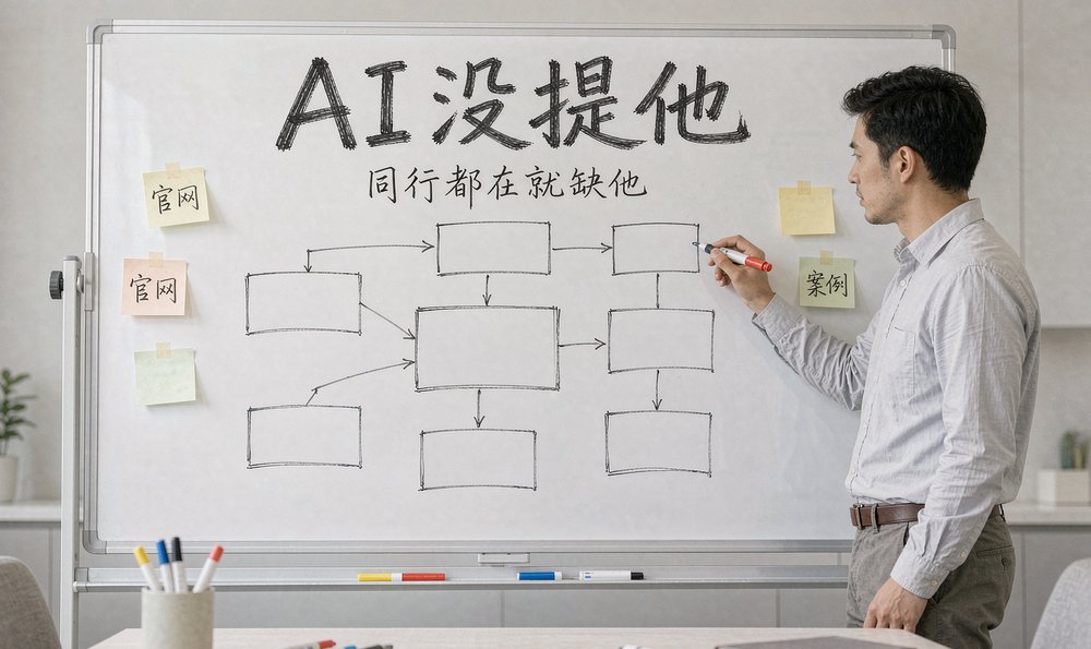 会议室白板上写着AI没提他和官网案例便签,复盘官网改版推演