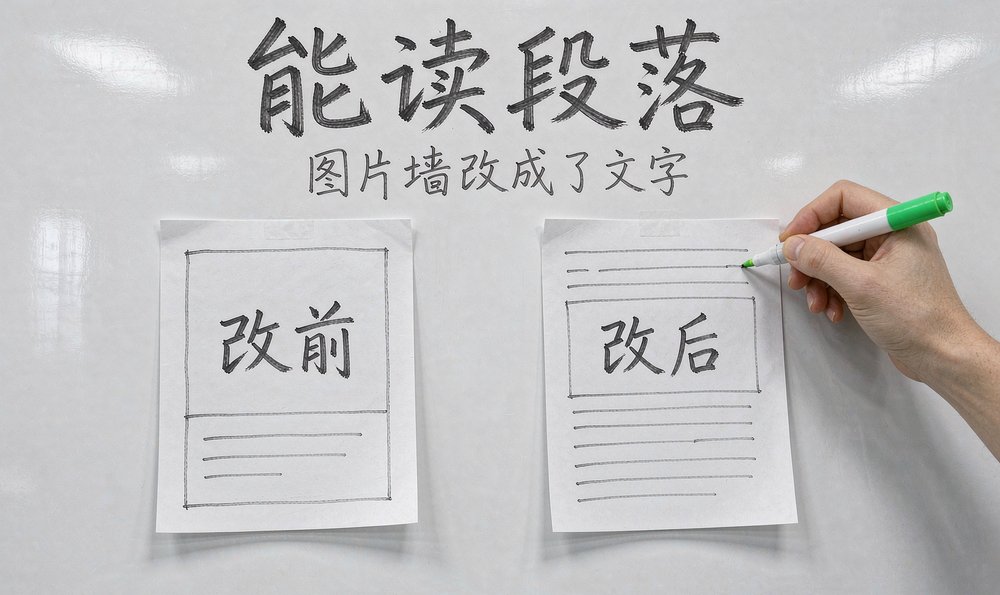 白板上改前改后便签对比,图片墙改成能读的段落