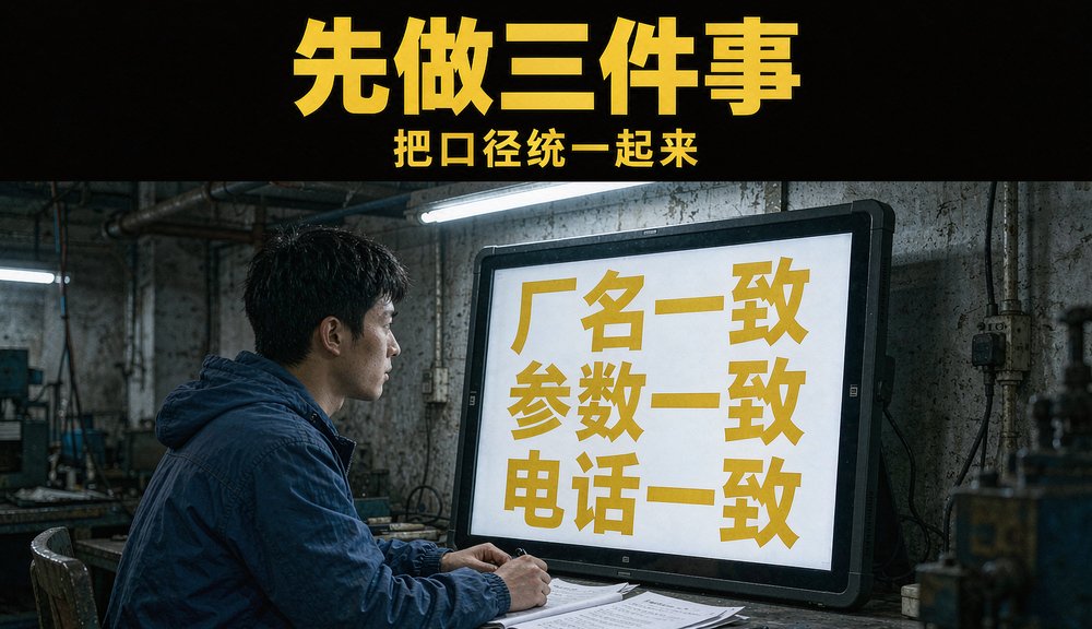 技术员在车间核对厂名、参数与联系电话