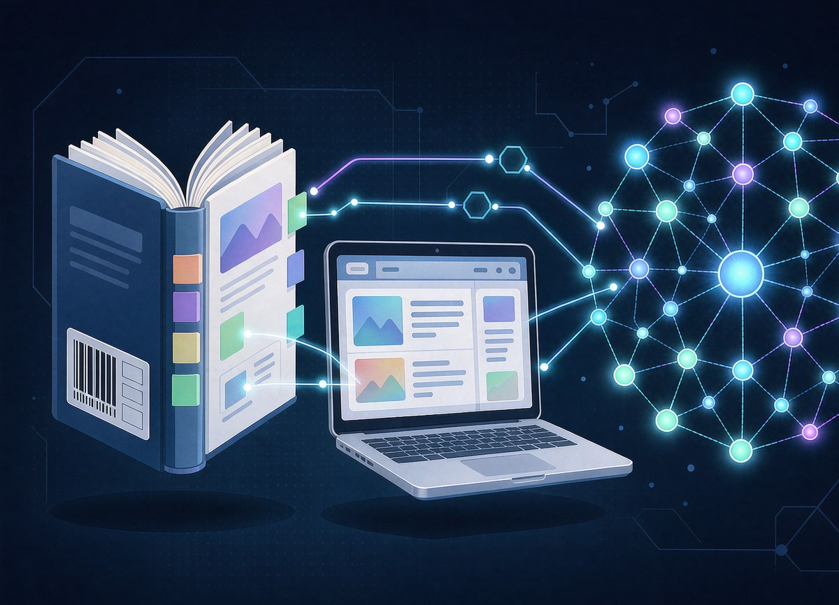 教材书籍与 ISBN 条码连接 AI 网络节点的扁平科技插画