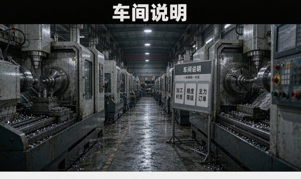 车间说明牌:这排设备加工什么材质、精度等级、在跑什么订单