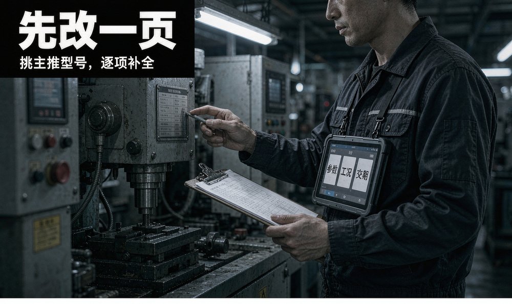 技术员在机台旁对着清单核对参数与工况
